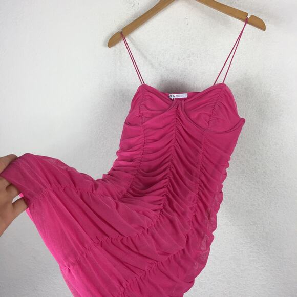 Zara Pink Ruched Mini Dress Size Large Tulle Corset Bustier Barbie Cocktail Y2K - Picture 11 of 14